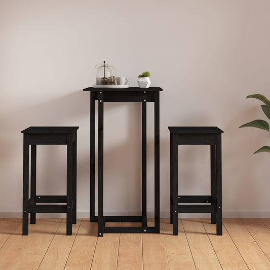 Bar furniture set, 3 pieces, black, solid pine wood