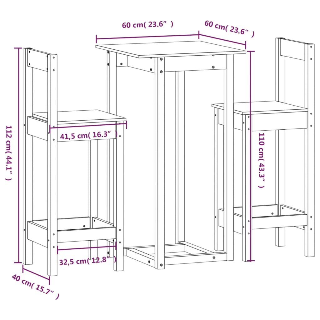 Bar furniture set, 3 pieces, solid pine wood