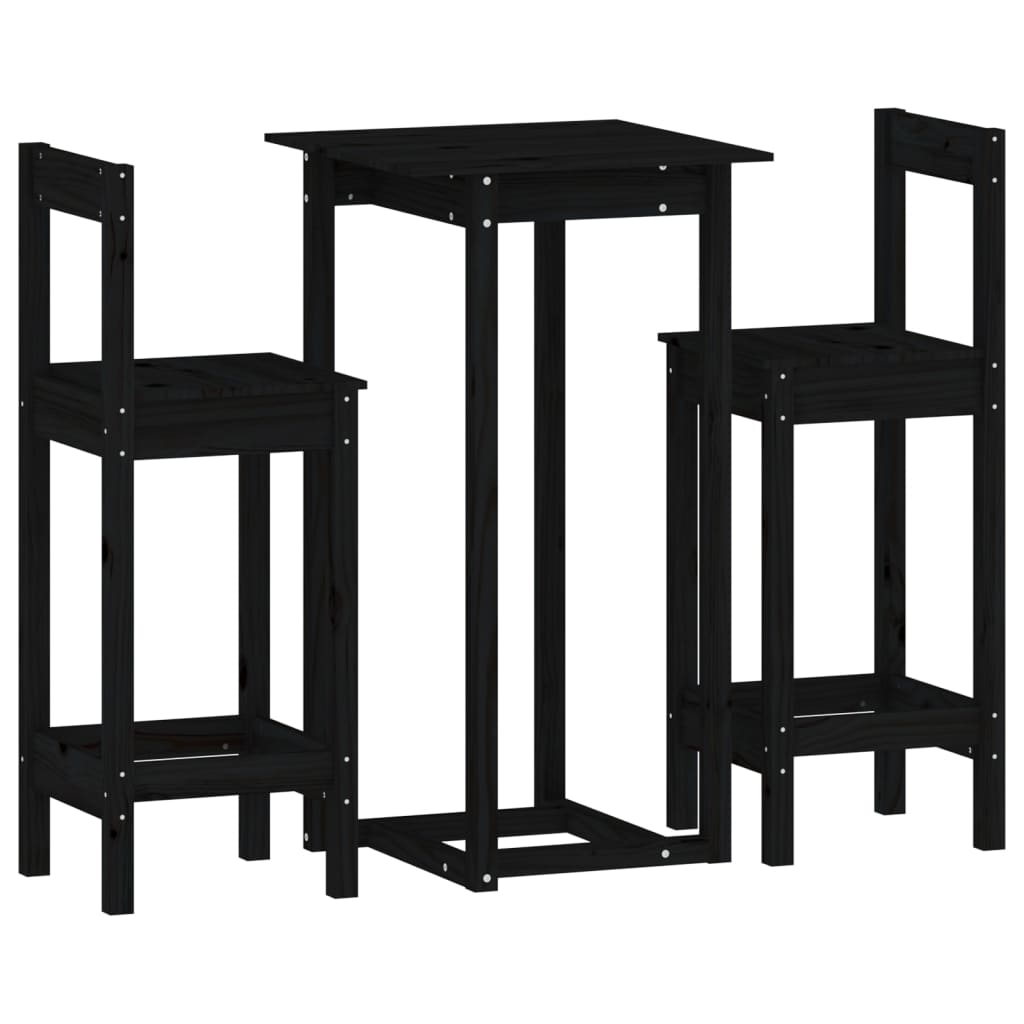 Bar furniture set, 3 pieces, black, solid pine wood