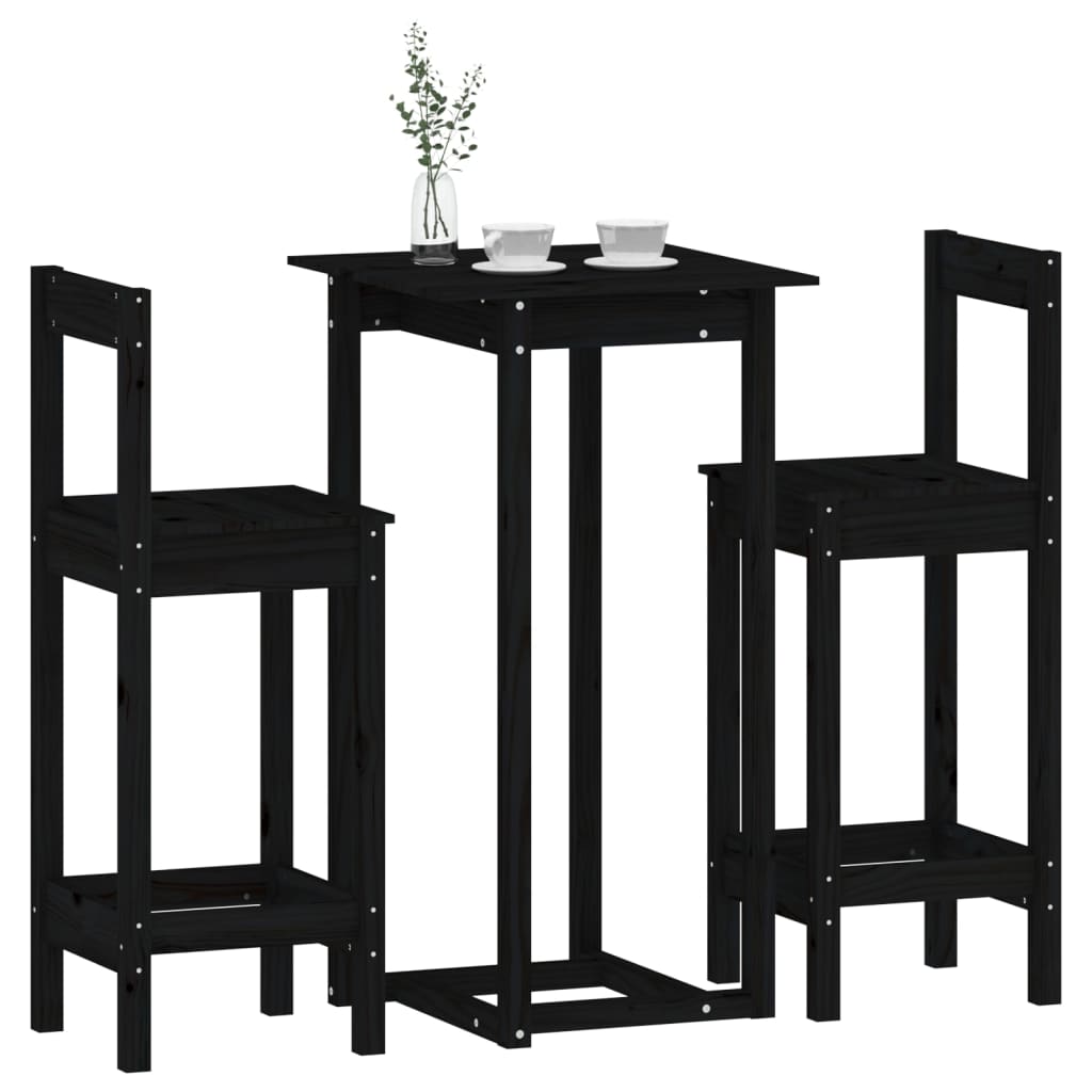 Bar furniture set, 3 pieces, black, solid pine wood