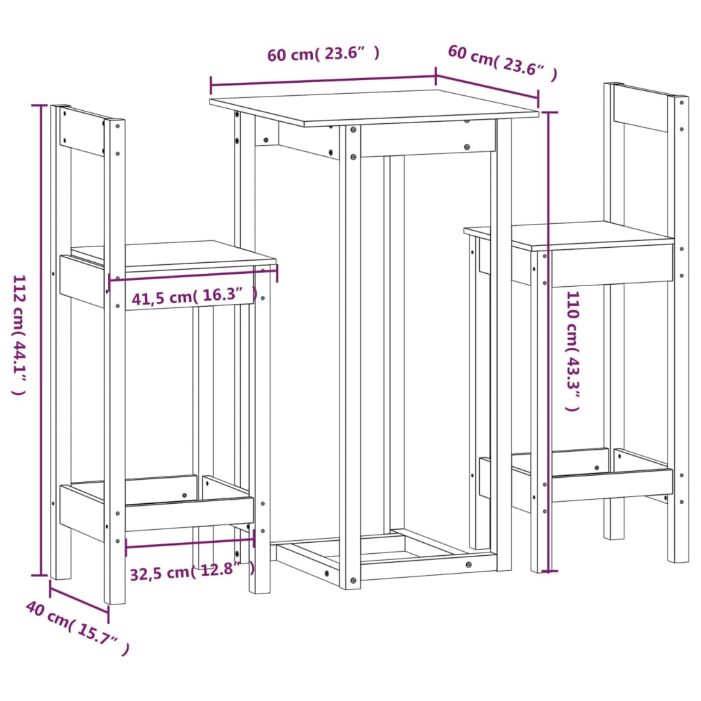 Set mobilier de bar, 3 piese, negru, lemn masiv de pin