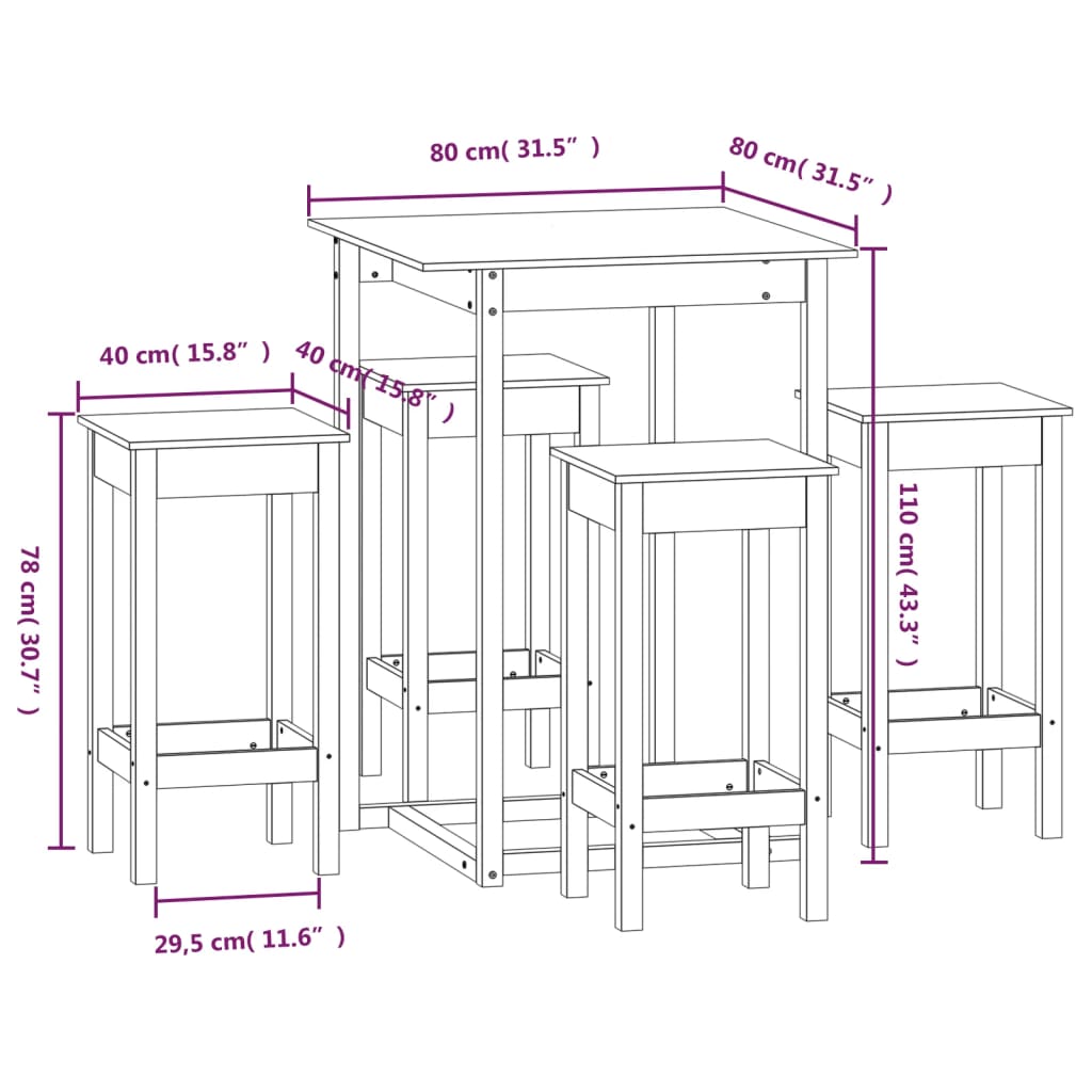 Bar furniture set, 5 pieces, solid pine wood