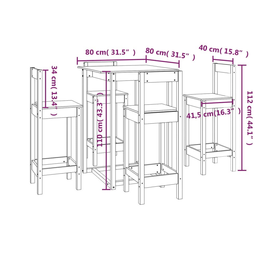 Bar furniture set, 5 pieces, solid pine wood