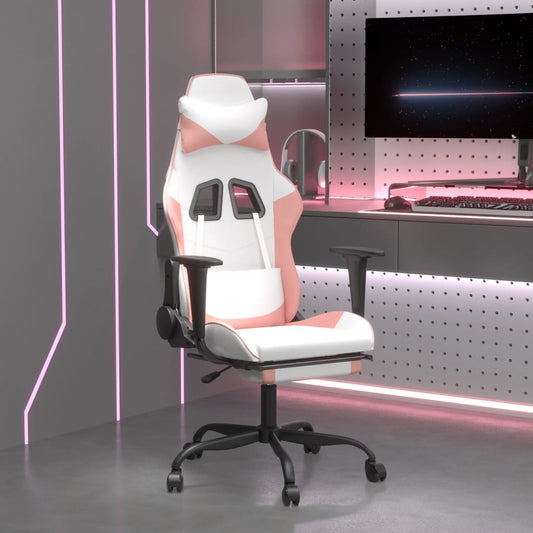 Gaming chair with footrest, white/pink, eco-leather