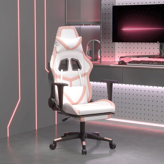 Gaming chair with footrest, white/pink, eco-leather