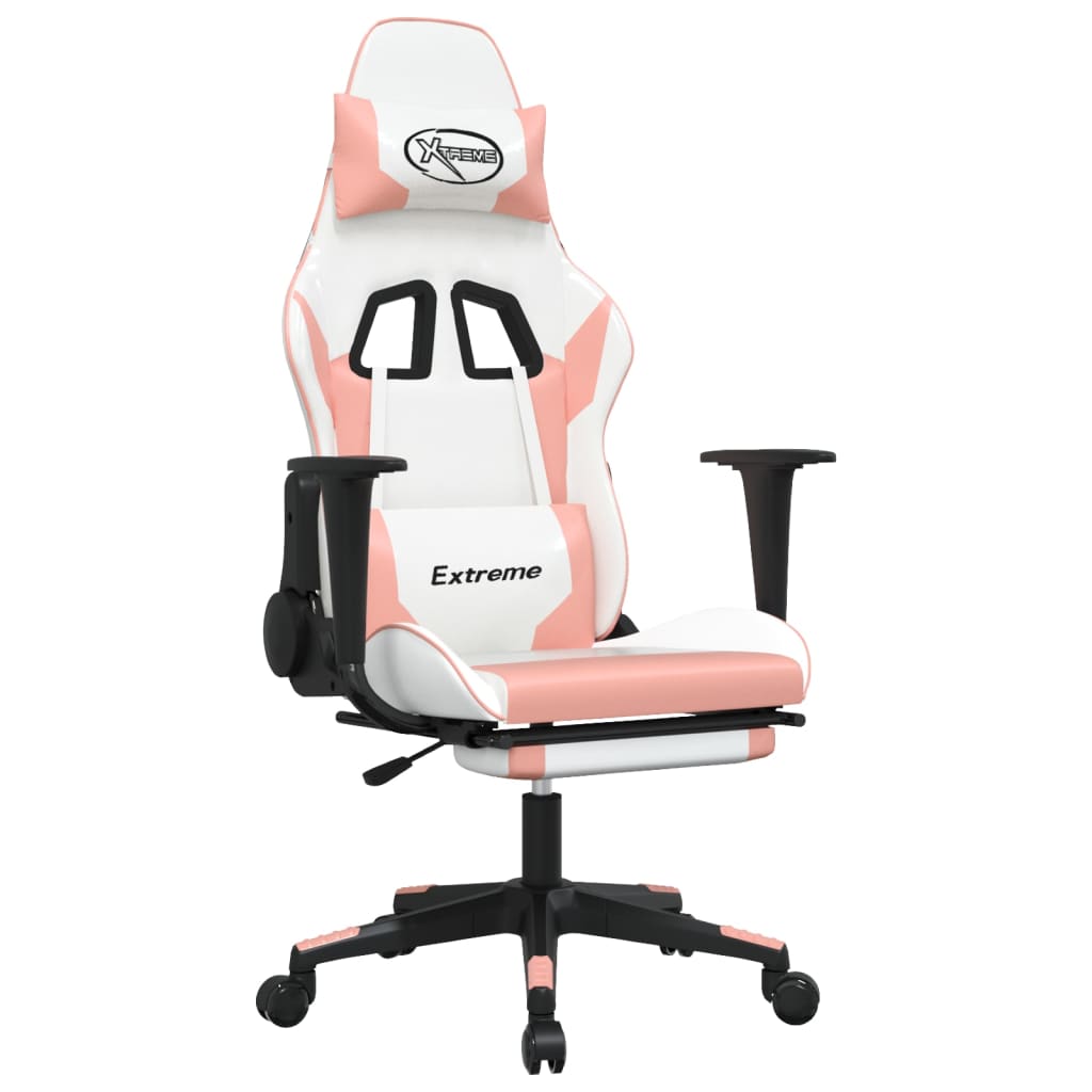 Gaming chair with footrest, white/pink, eco-leather