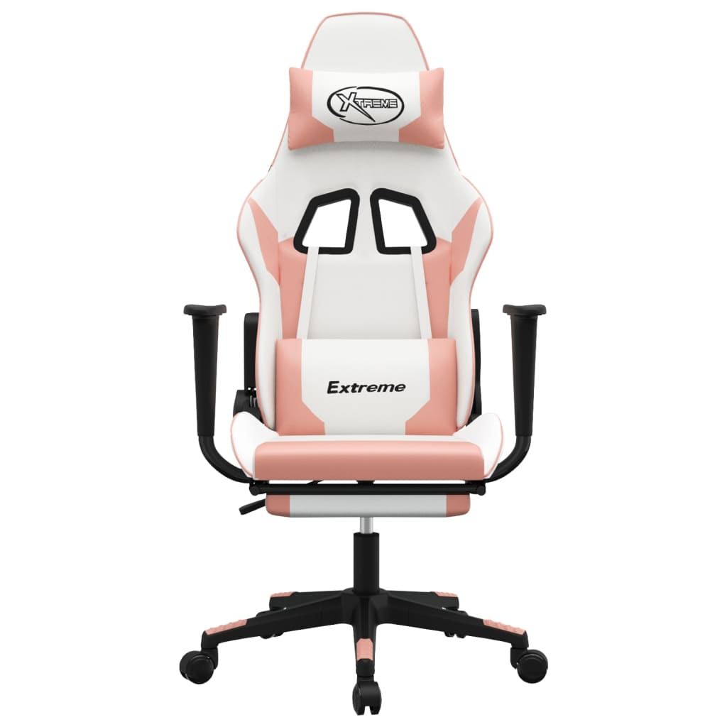 Gaming chair with footrest, white/pink, eco-leather