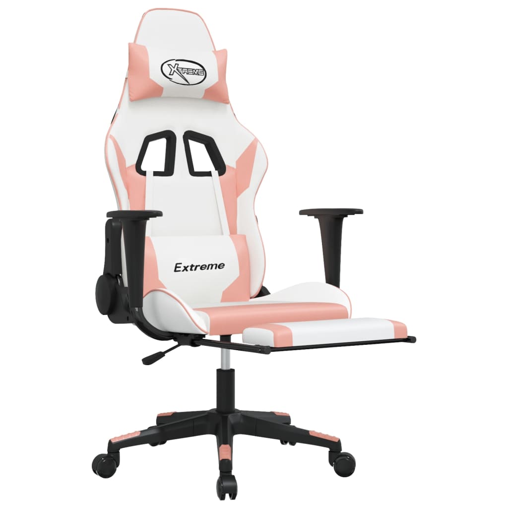 Gaming chair with footrest, white/pink, eco-leather