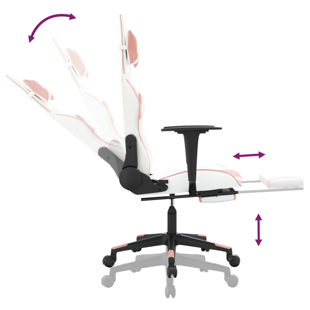 Gaming chair with footrest, white/pink, eco-leather