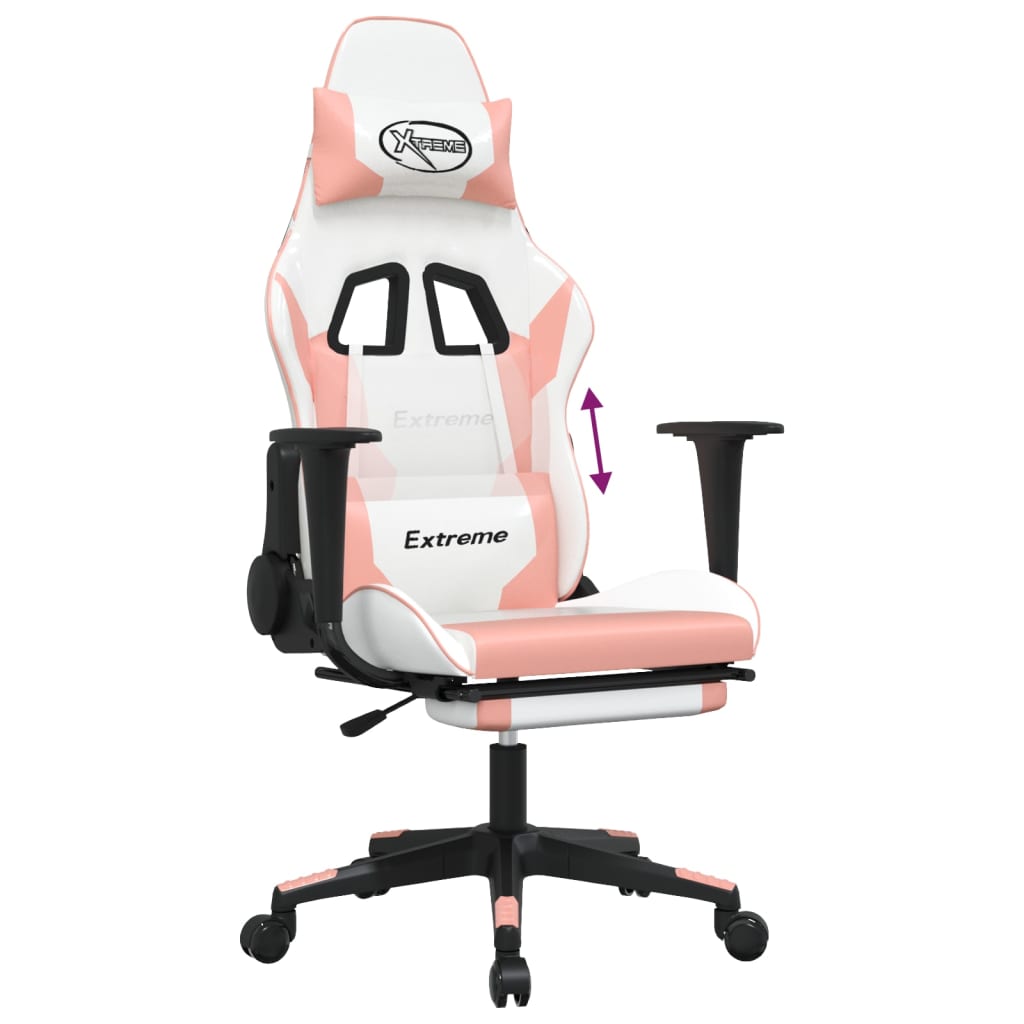 Gaming chair with footrest, white/pink, eco-leather