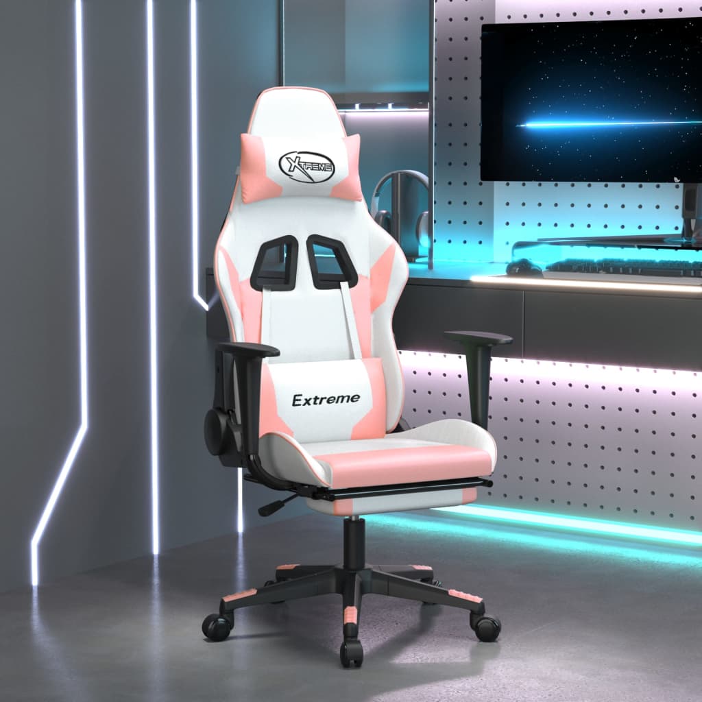 Gaming chair with footrest, white/pink, eco-leather