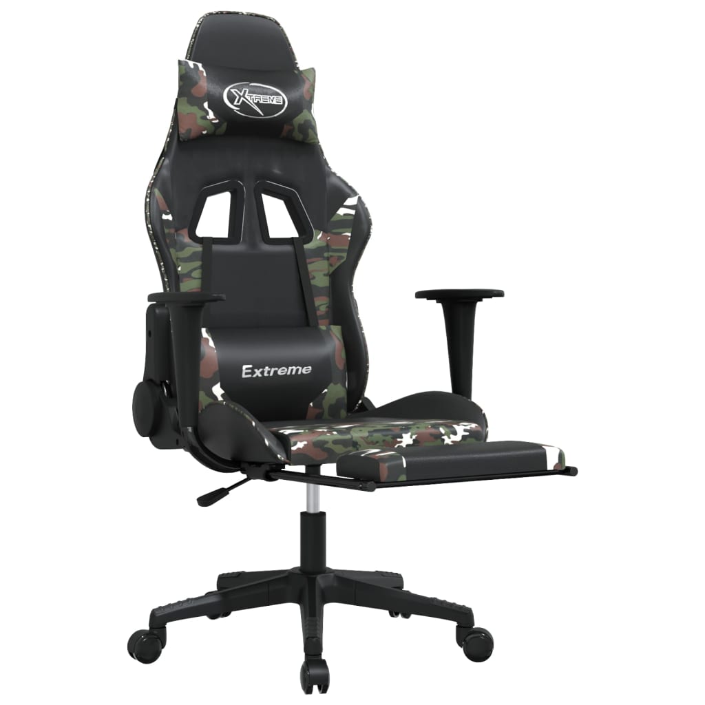 Scaun de gaming cu suport picioare, negru/camuflaj, piele eco