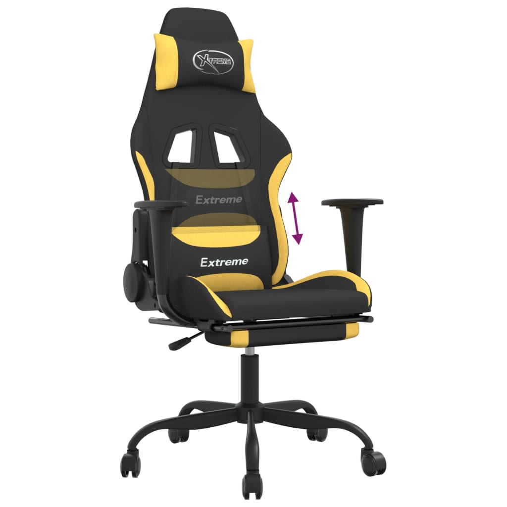 Gaming chair with footrest, black and yellow, textile