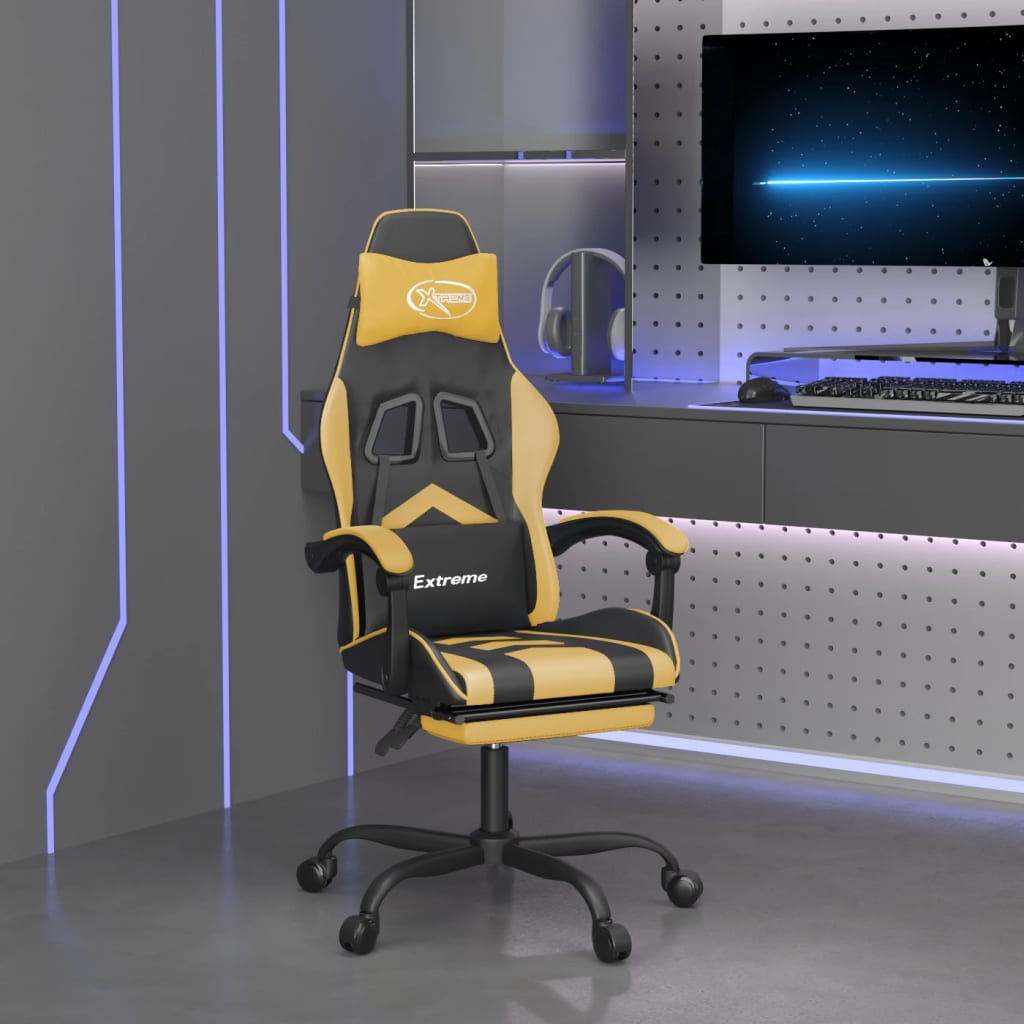 Scaun de gaming cu suport picioare negru/auriu, piele ecologică