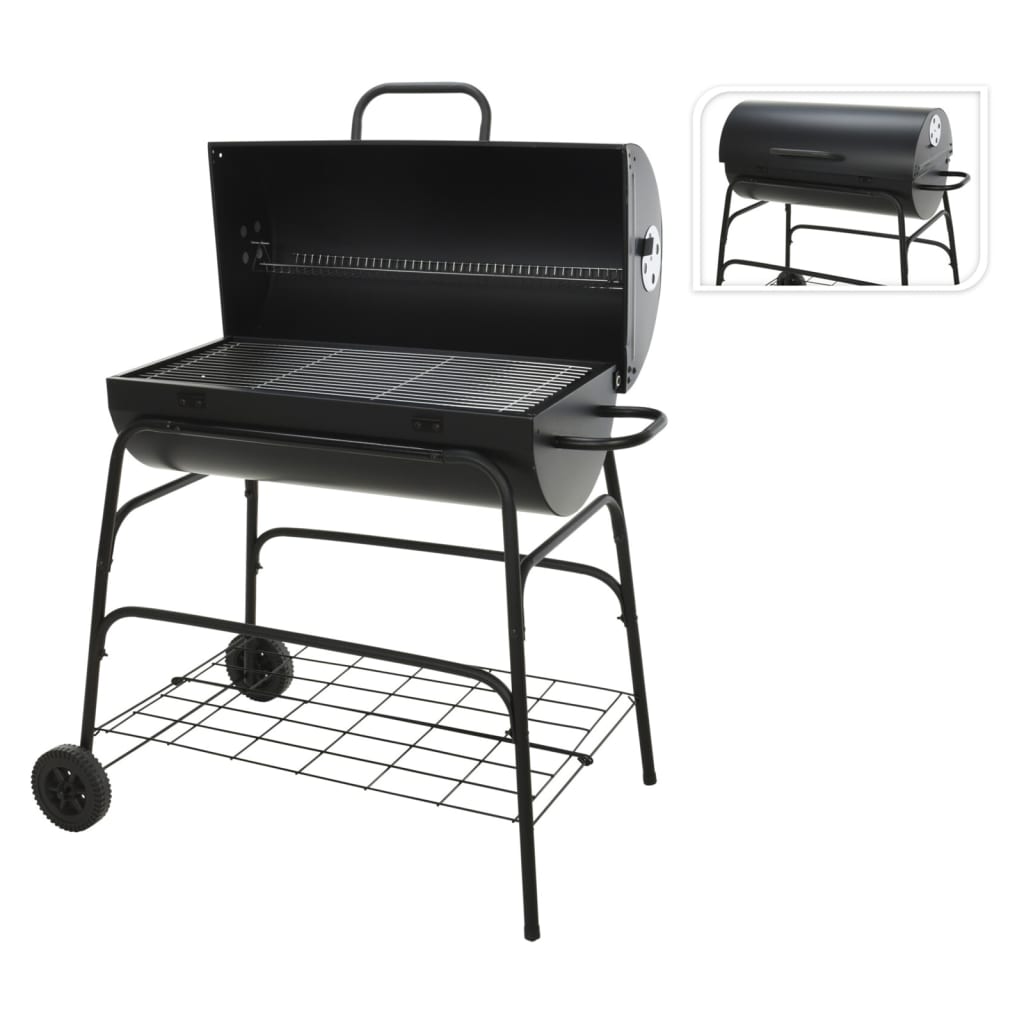 BBQ charcoal grill on wheels, cylindrical shape