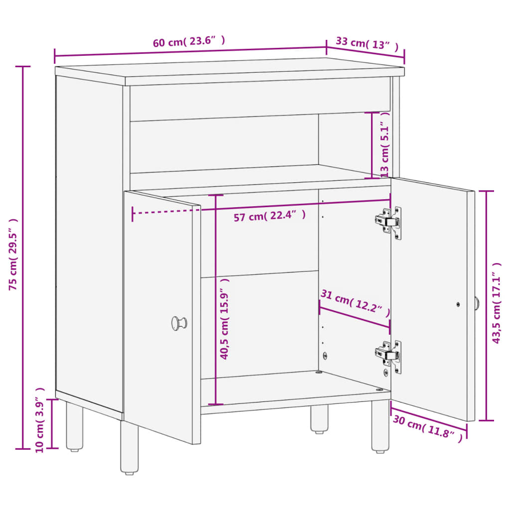 Side cabinet, 60x33x75 cm, solid mango wood