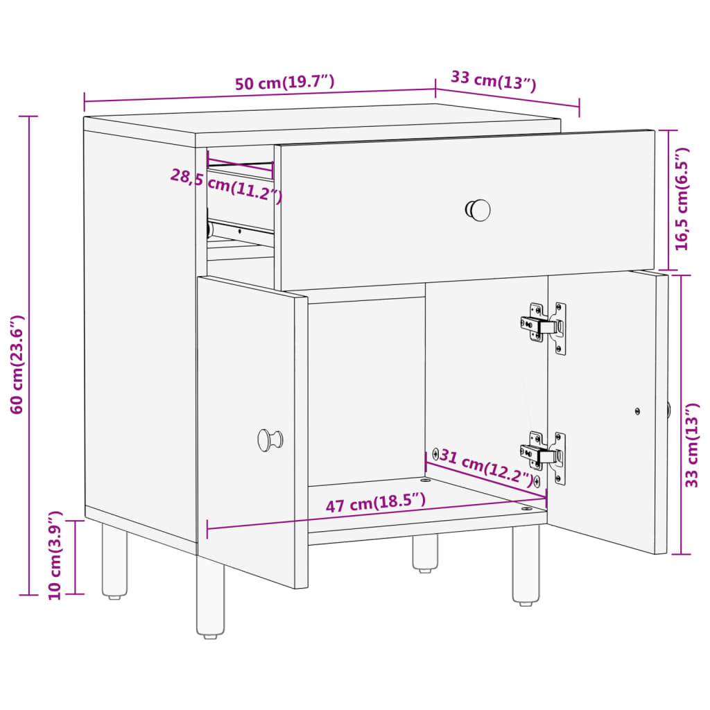 Bedside table, 50x33x60 cm, solid mango wood