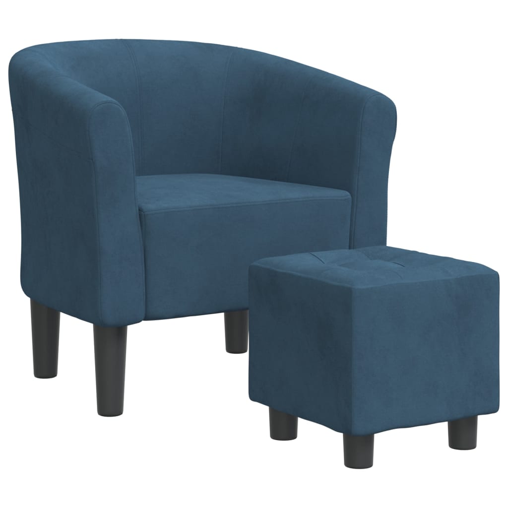 Tub armchair with stool, dark blue, velvet