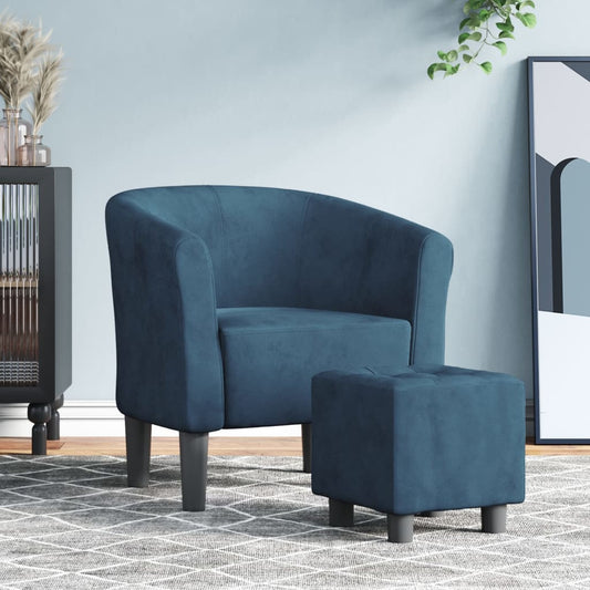 Tub armchair with stool, dark blue, velvet