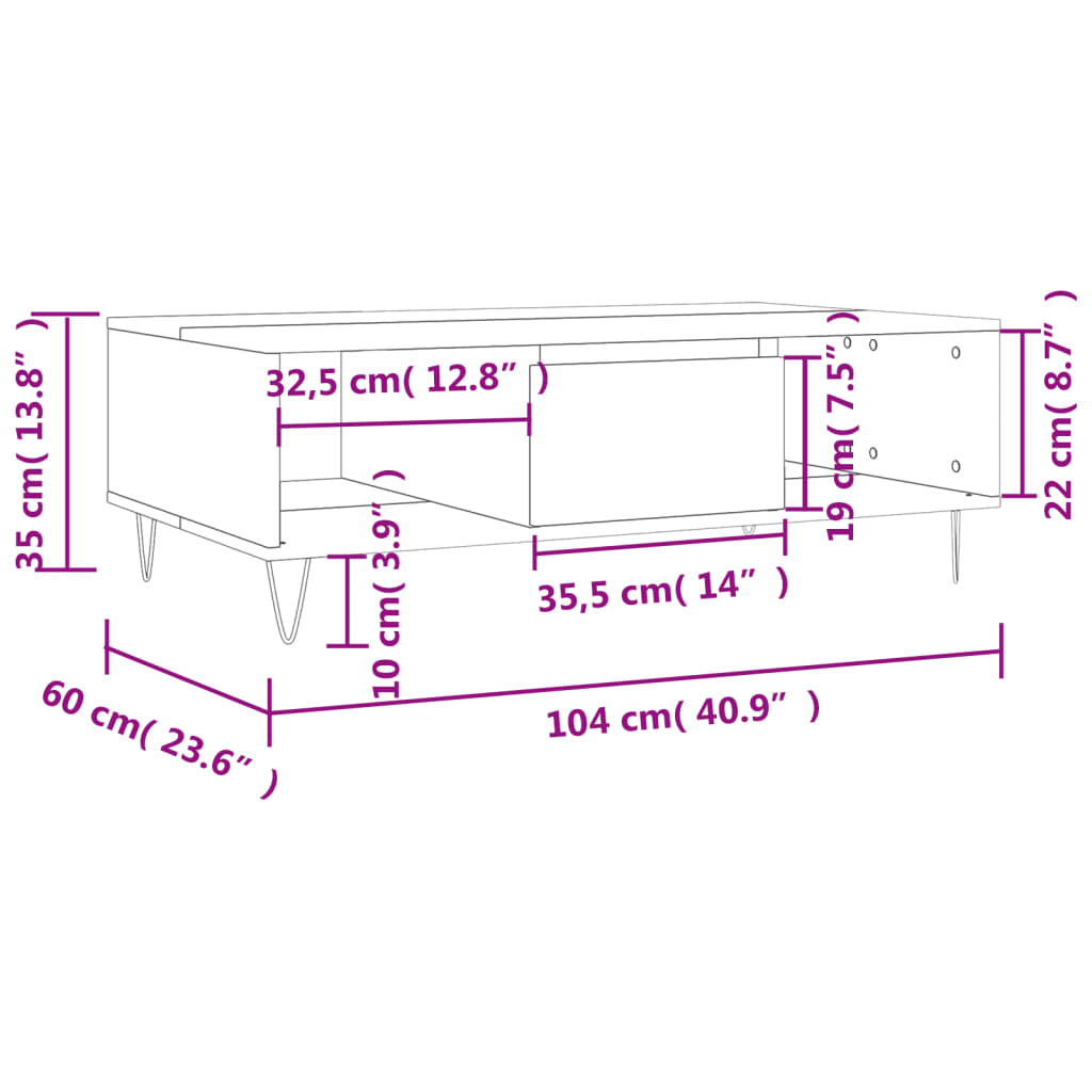 Coffee table, high-gloss white, 104x60x35 cm, composite wood