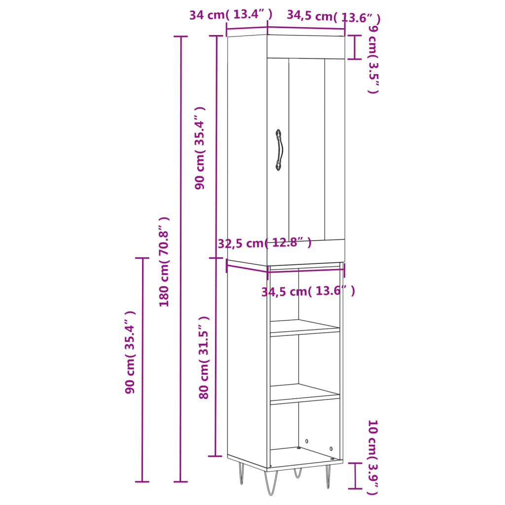 Tall cabinet, white, 34.5x34x180 cm, processed wood