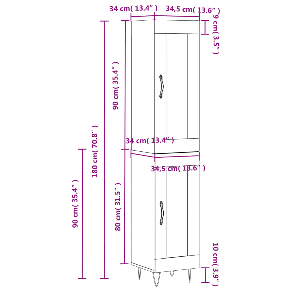 Tall cabinet, high-gloss white, 34.5x34x180 cm, engineered wood