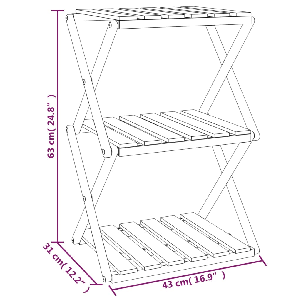 3-tier foldable shelf, brown, 43x31x63 cm solid acacia wood