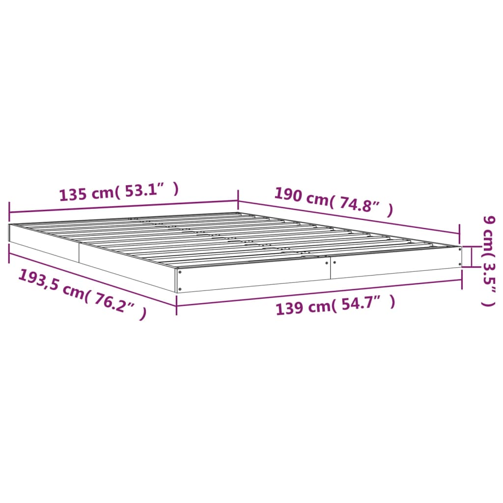 Cadru de pat dublu, negru, 135x190 cm, lemn masiv de pin