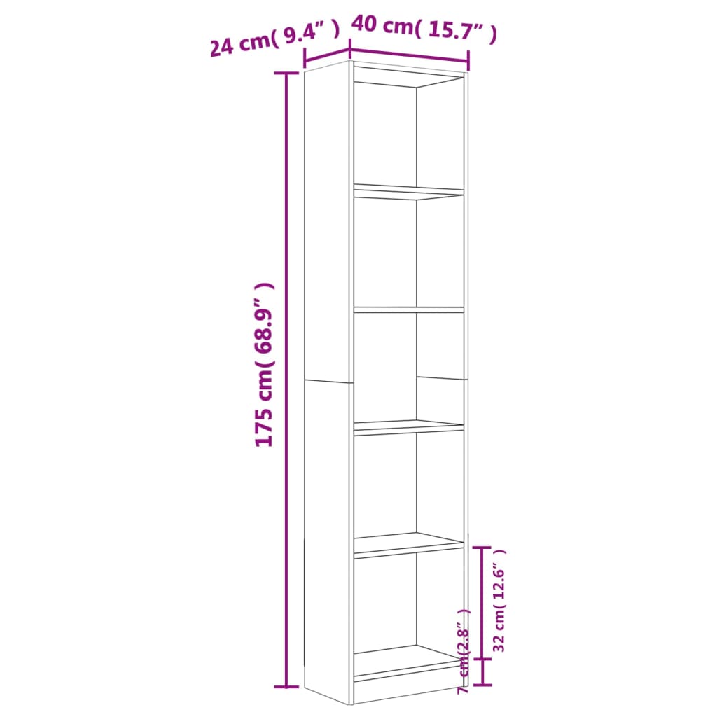 5-tier bookcase, smoky oak, 40x24x175 cm, composite wood