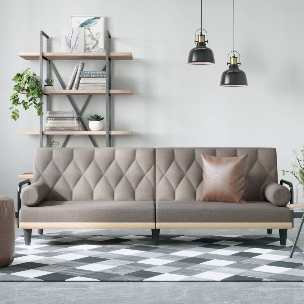 Sofa bed with armrests, taupe grey, textile