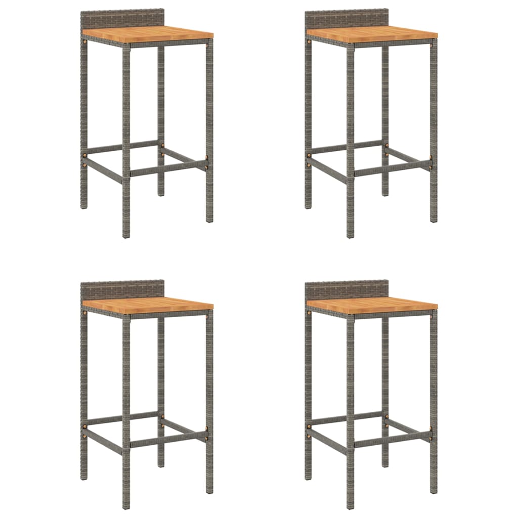 Bar stools, 4 pieces, grey, polyrattan and solid acacia wood