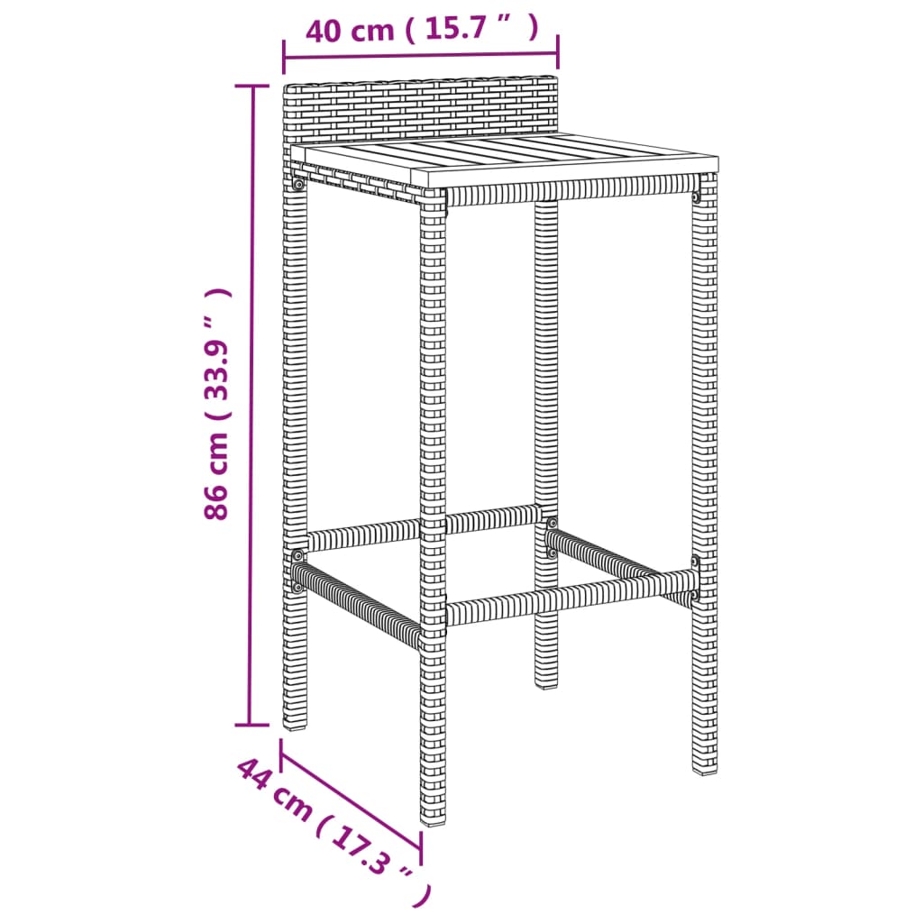 Bar stools, 4 pieces, grey, polyrattan and solid acacia wood