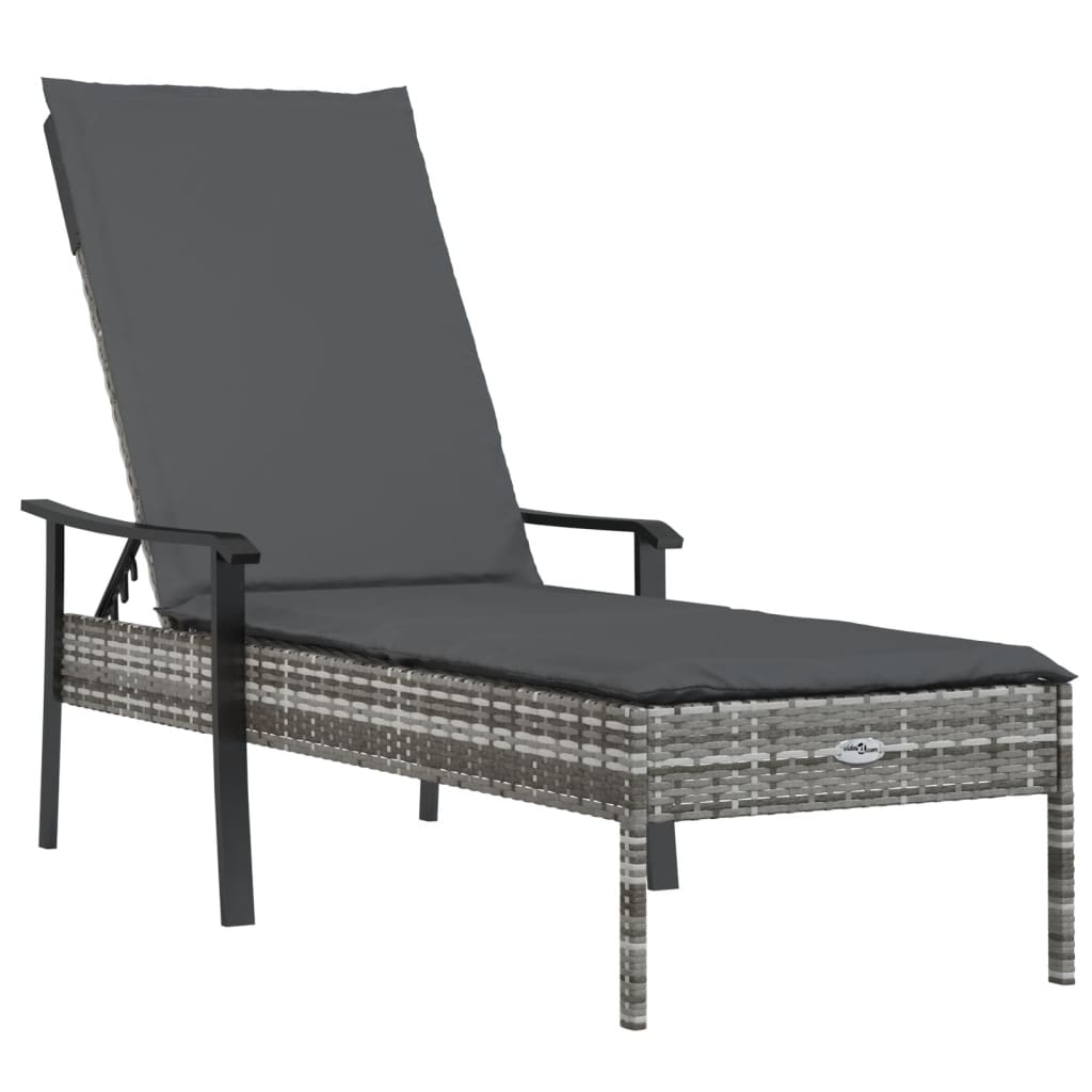 Sun lounger with cushion, grey, polyrattan