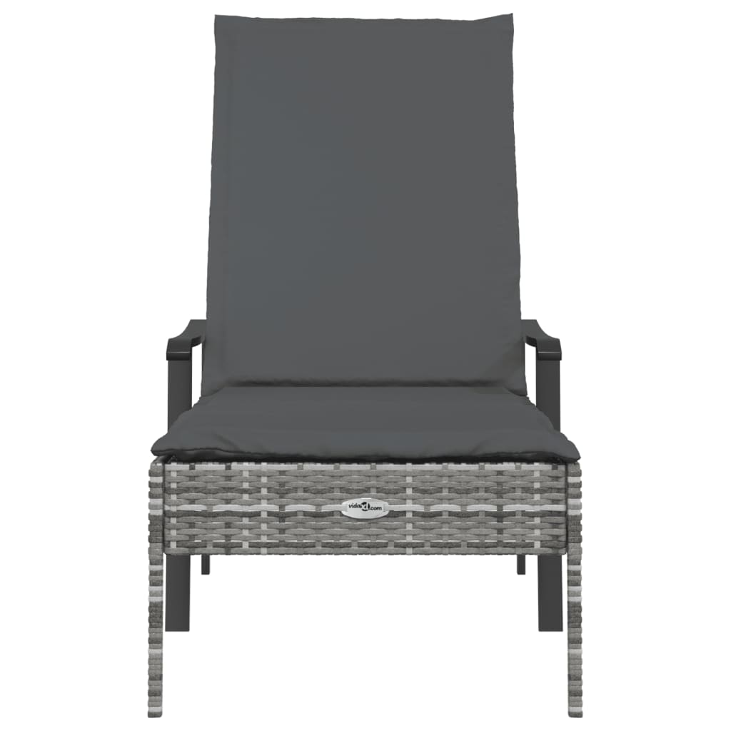 Sun lounger with cushion, grey, polyrattan