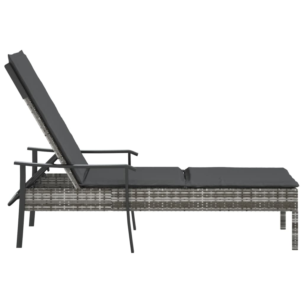 Sun lounger with cushion, grey, polyrattan