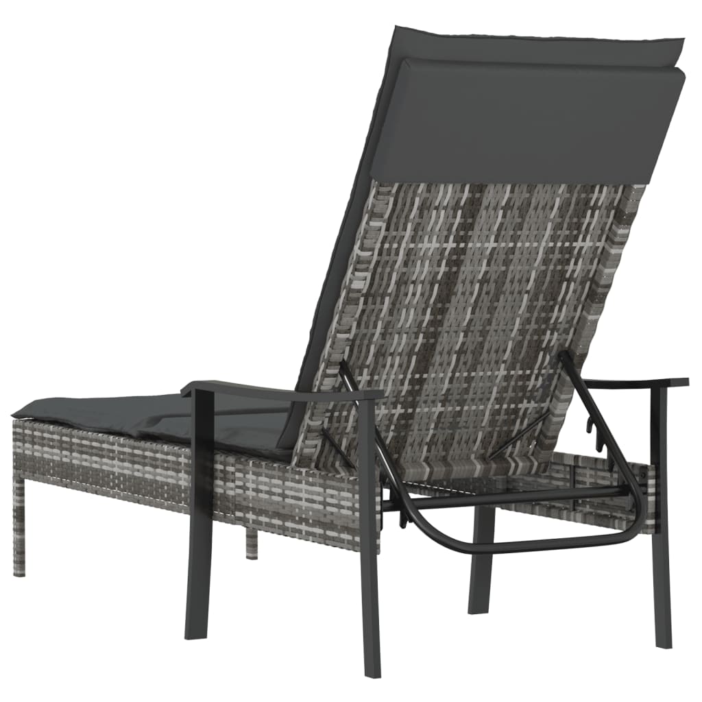 Sun lounger with cushion, grey, polyrattan