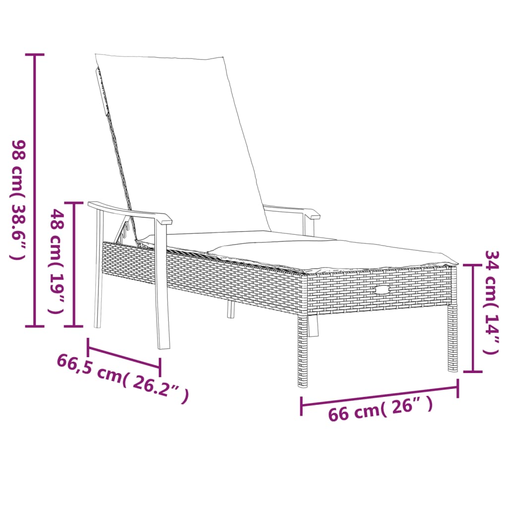 Sun lounger with cushion, grey, polyrattan