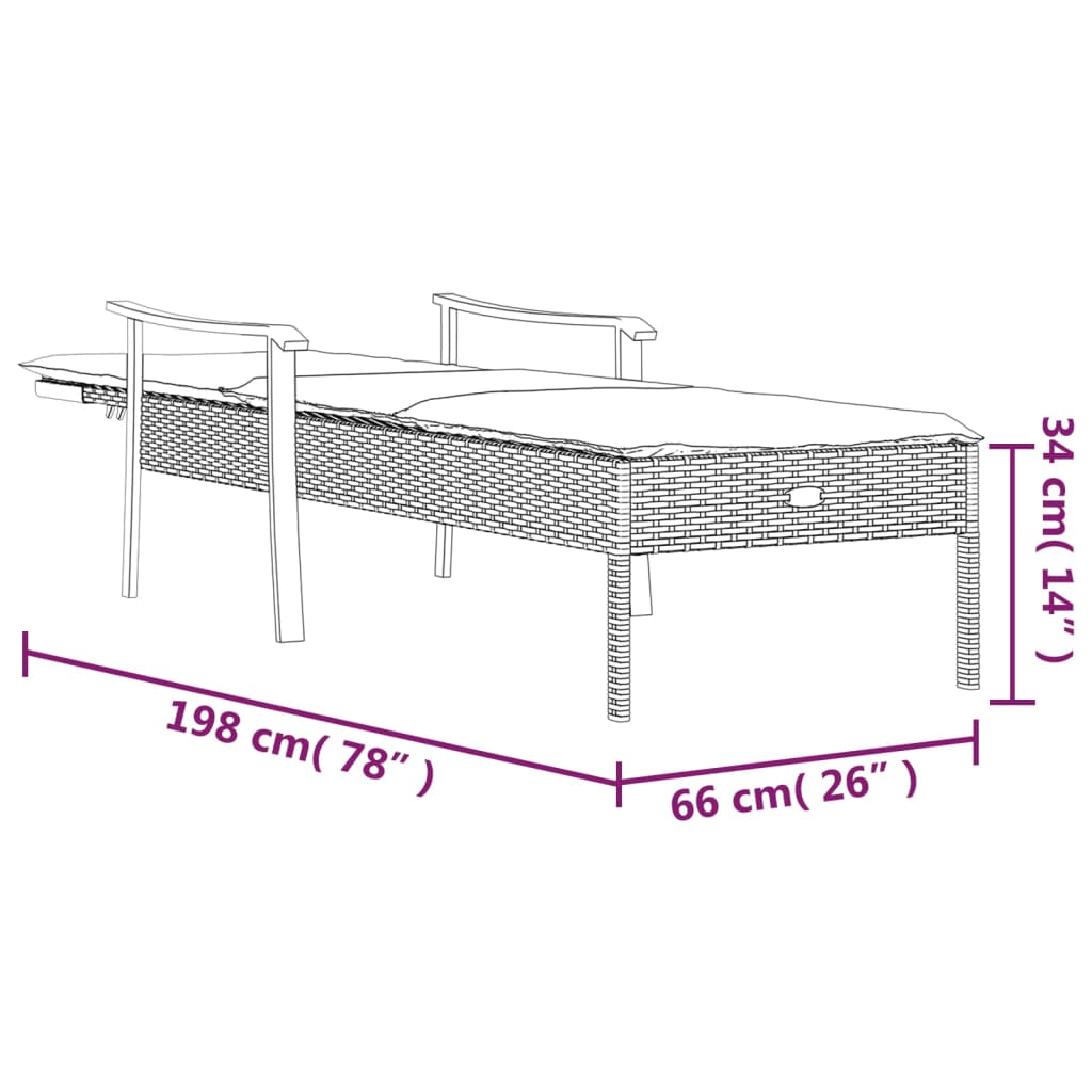 Sun lounger with cushion, grey, polyrattan