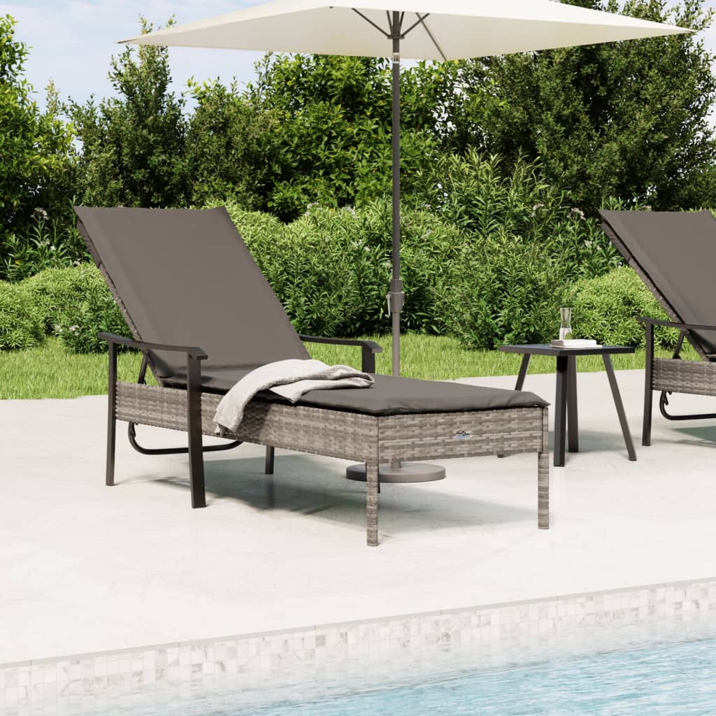 Sun lounger with cushion, grey, polyrattan