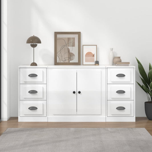 Sideboards, 3 pieces, high-gloss white, engineered wood