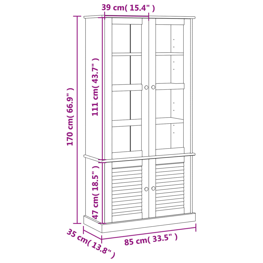 Glass display case VIGO, 85x35x170 cm, solid pine wood