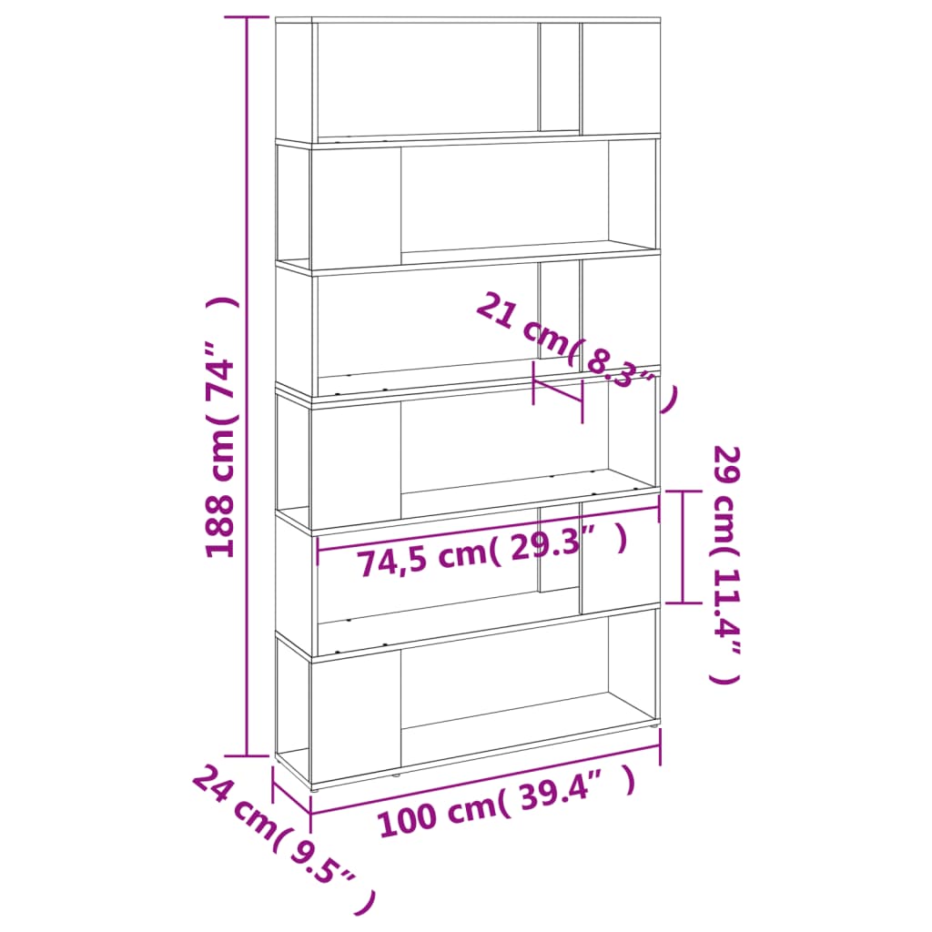 Bookcase/Room divider, sonoma grey, 100x24x188 cm