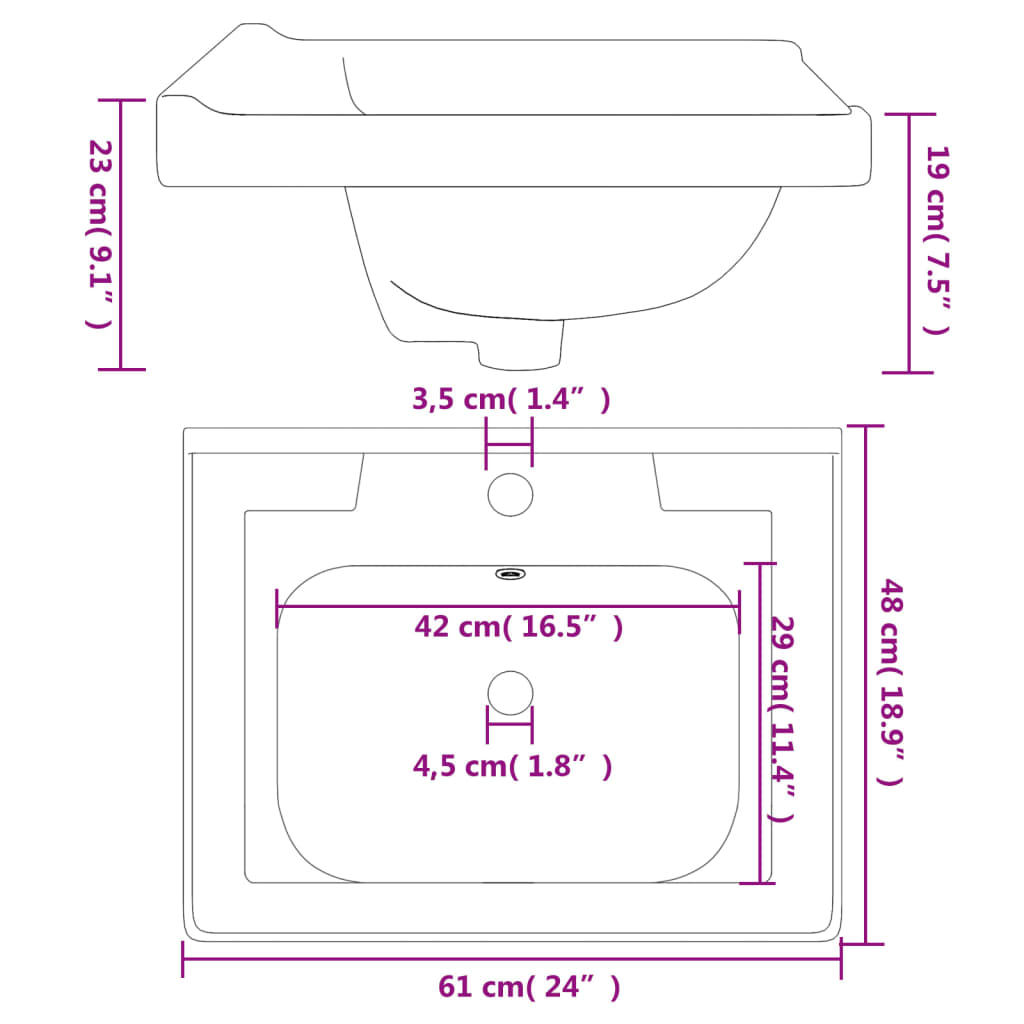 White bathroom sink 61x48x23 cm, square, ceramic