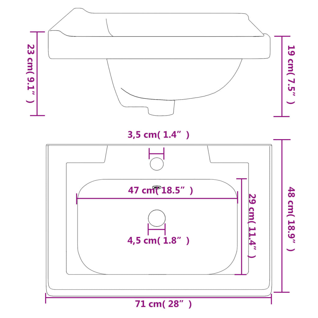 White bathroom sink 71x48x23 cm, rectangular, ceramic