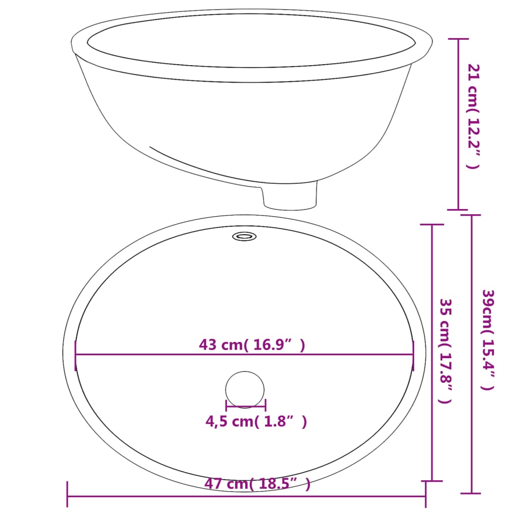 White bathroom sink 47x39x21 cm, oval, ceramic