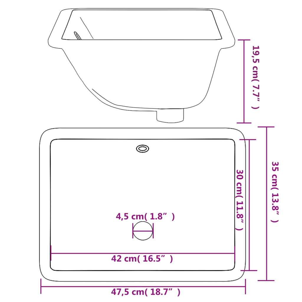 White bathroom sink 47.5x35x19.5 cm, rectangular, ceramic