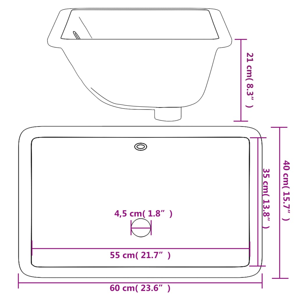 White bathroom sink 60x40x21 cm, oval, ceramic