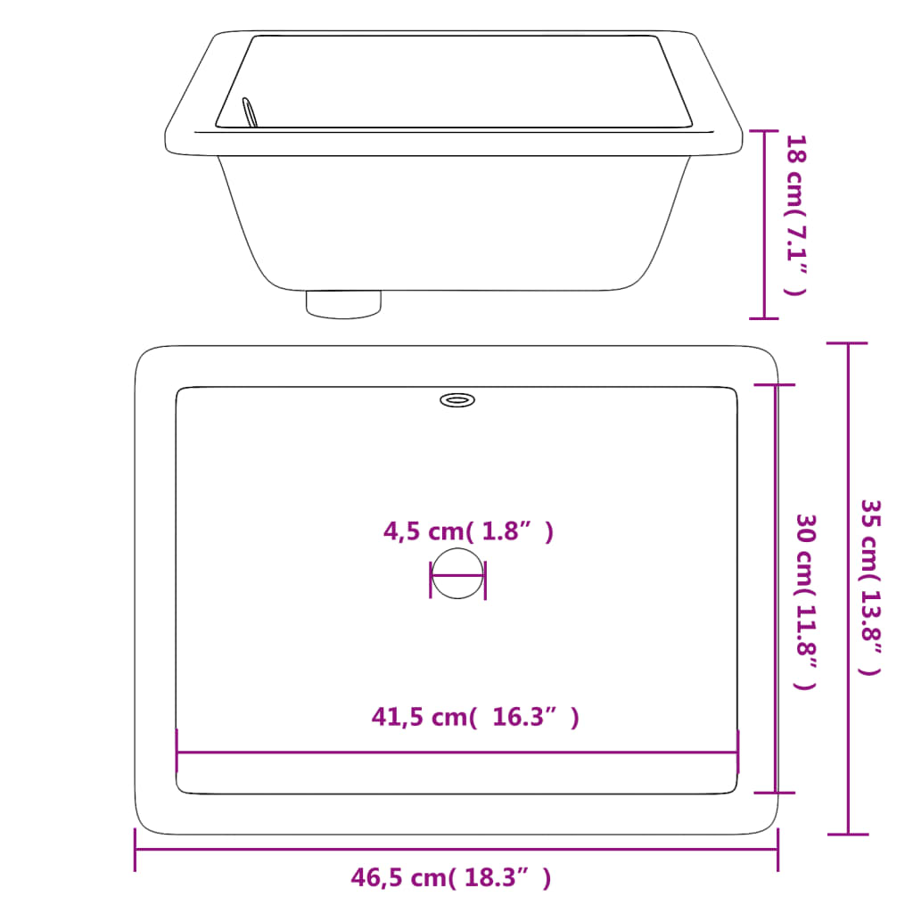 Bathroom sink, white, 46.5x35x18 cm, square, ceramic