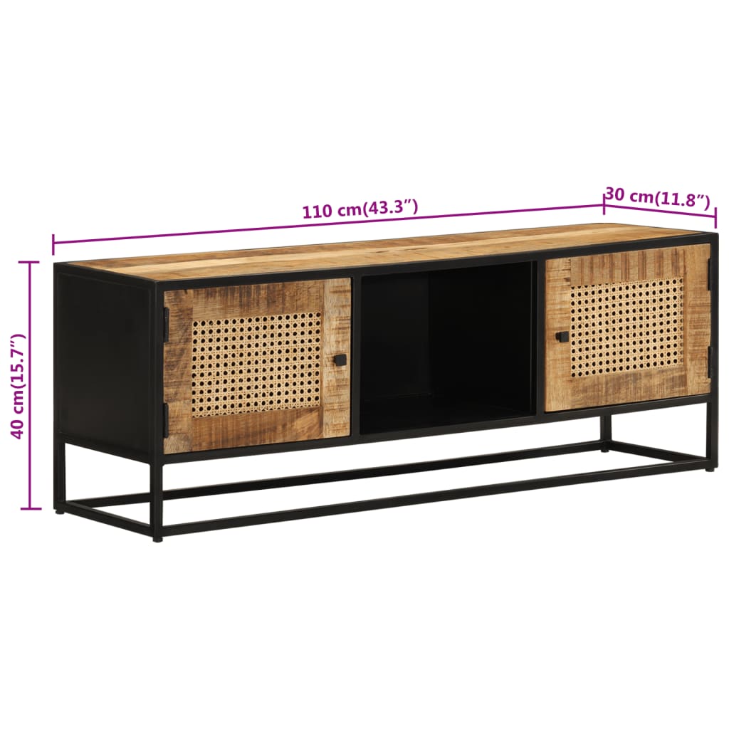 TV cabinet, 110x30x40 cm, solid raw mango wood and iron