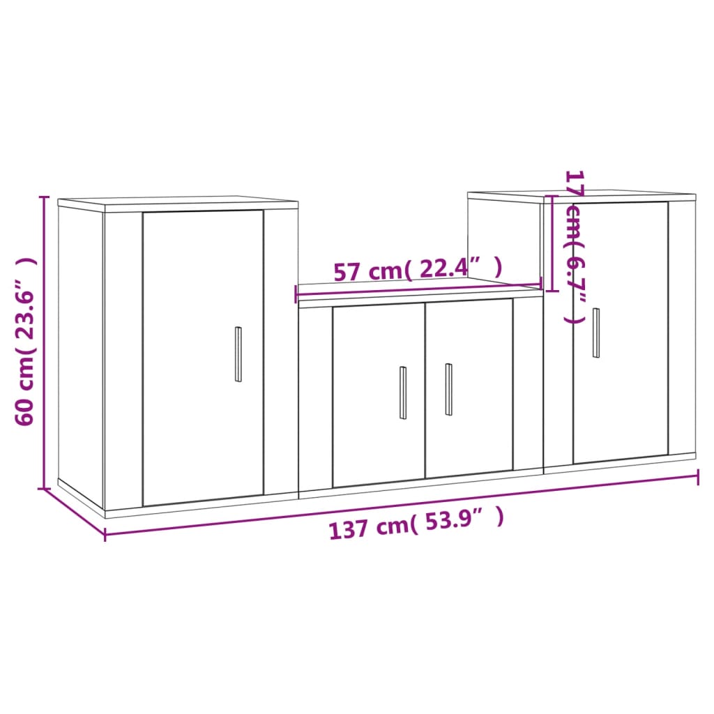 TV cabinet set, 3 pieces, black, engineered wood